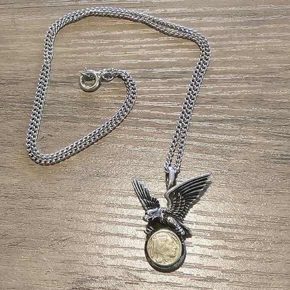 Vintage Miniature Silver Indian Head Penny Flying Eagle Pendant Necklace Signed - Picture 3 of 8